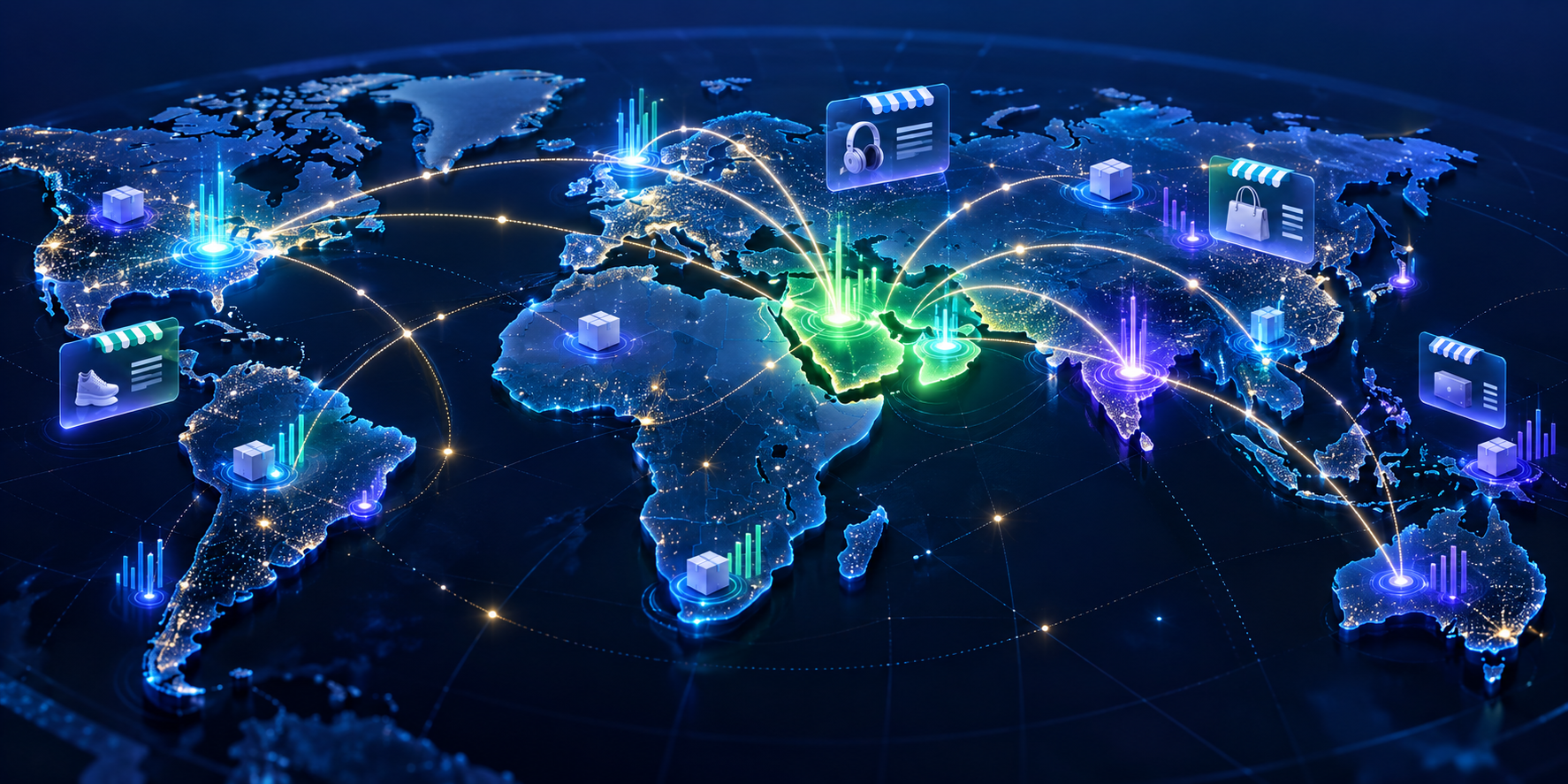 Global marketplace expansion map with Saudi Arabia and UAE as connected hubs