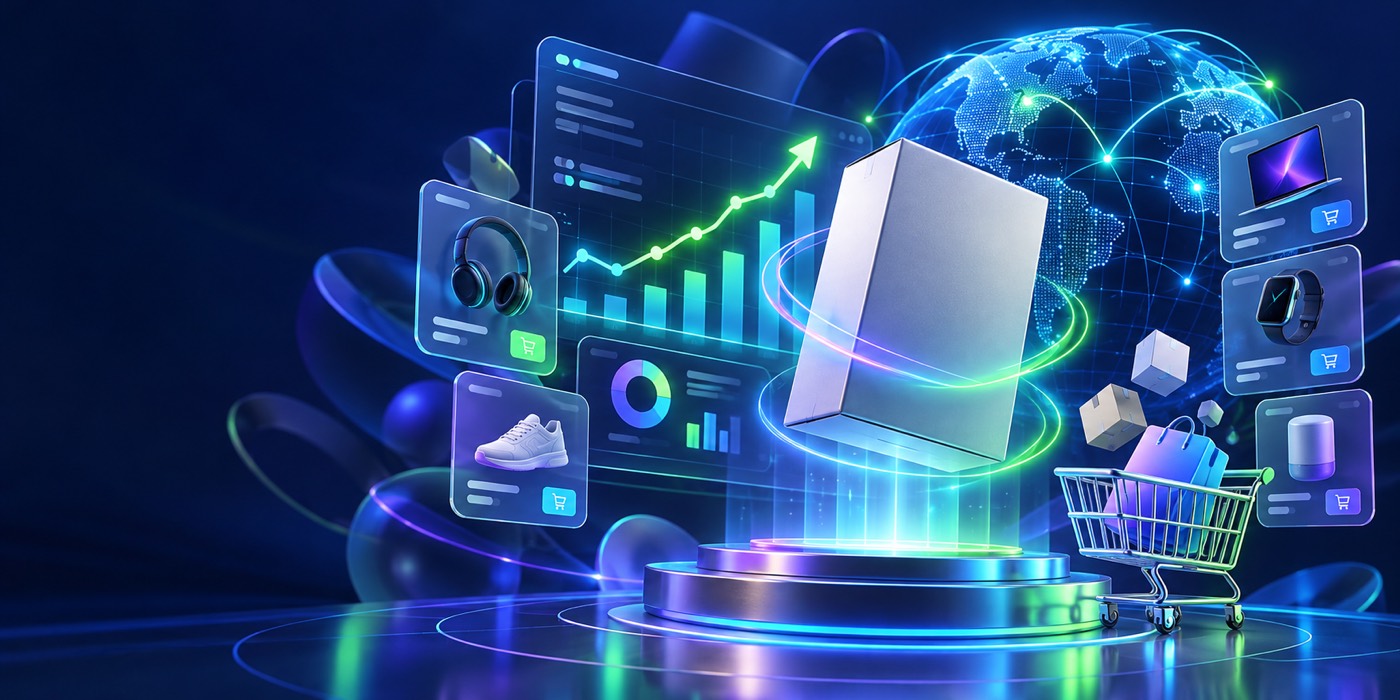 3D marketplace dashboard, product box and global commerce visualization