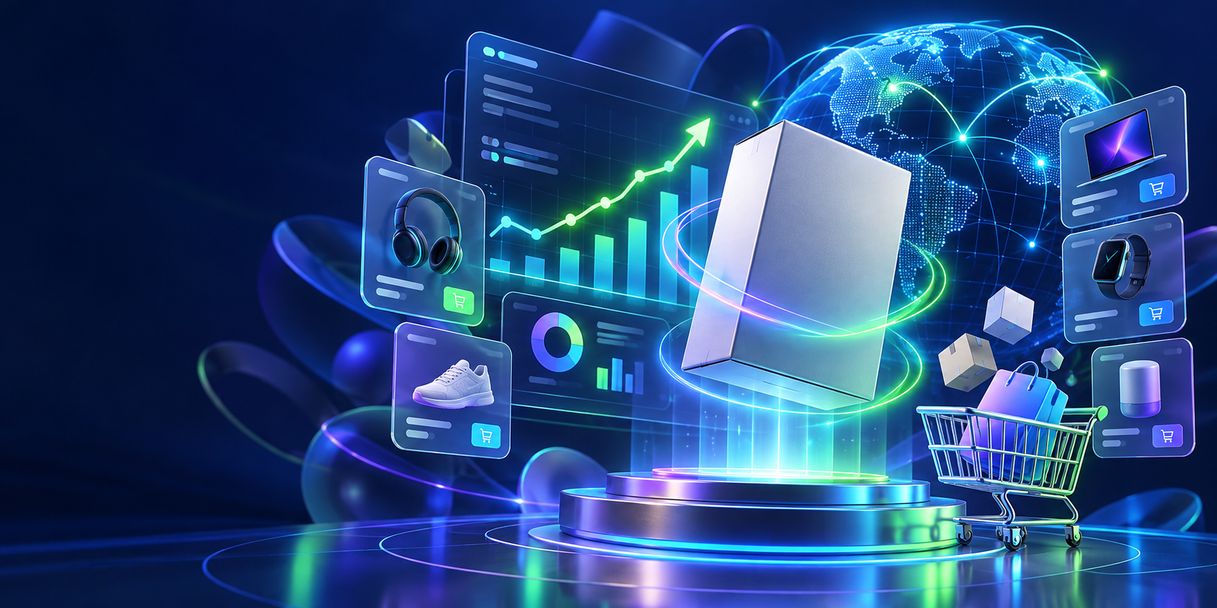 3D marketplace dashboard, product box and global commerce visualization